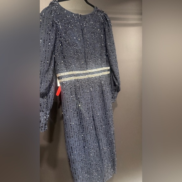 Mac Duggal Navy Sequined V Neck Bishop Sleeve Dress - Picture 4 of 8